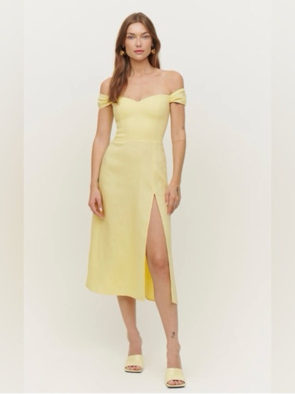 Reformation Brighton Linen Pale Yellow Midi Dress with Side Slit